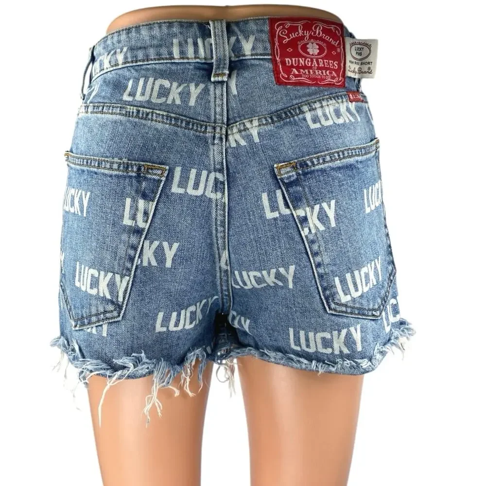 Lucky Brand Women's Blue Logo Print Cut-Off High Rise Denim Jean Shorts Size 26